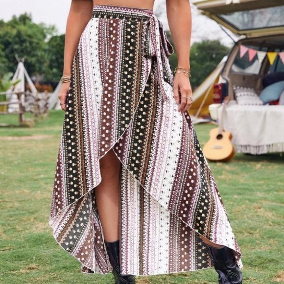 Brown Tribal Boho Ditsy Floral Print Knot Side Wrap Skirt - Picture 4 of 5
